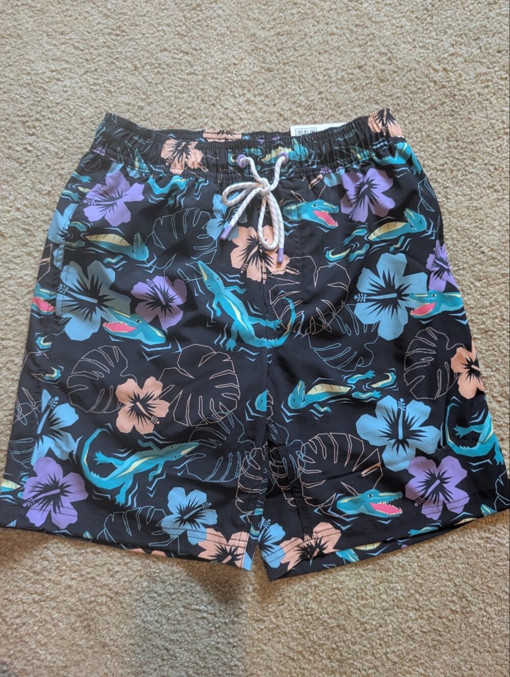 Boys Black Tropical Shark Swim Shorts with Drawstring